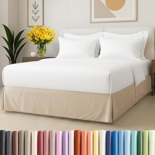 Pleated Bed Skirt Queen Size - 3 Sided Pleated Bed Skirt Queen - Ultra-Soft, Easy Fit with 12 Inch Tailored Drop - Hotel Quality, Wrinkle Free & Fade Resistant - for Women, Men, Kids & Teens - Cream