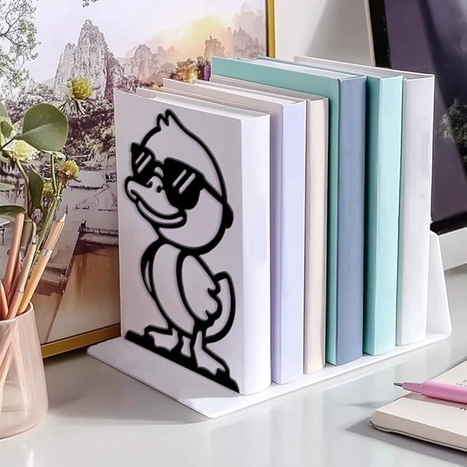 Peacoblue Metal Bookends for Shelves, Modern Decorative Heavy Duty Study Book Ends Stoppers for Office, Desk, Shelf, Room 5.3"x4.3"x7.9" Cast Iron Tall Bookends 1 Pair (Cute Duck with Sunglasses)