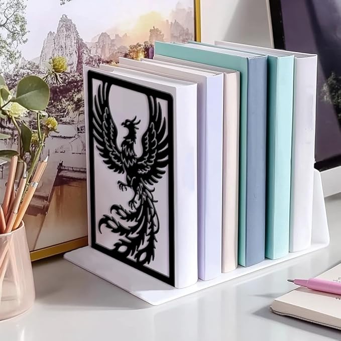 Peacoblue Metal Bookends for Shelves, Modern Decorative Heavy Duty Study Book Ends Stoppers for Office, Desk, Shelf, Room 5.3"x4.3"x7.9" Cast Iron Simple Tall Bookends 1 Pair (Phoenix)