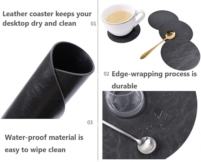 Set of 6 Embossed PU Leather Placemats, Waterproof Coffee Coasters, Kitchen Table Mats, Easy to Wipe Off for Dining Round Table