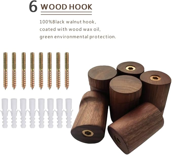 Wood Wall Hooks 6 Pack Natural Wooden Coat Hooks Handmade Rustic Hat Hooks Heavy Duty Entryway Wall Hangers for Hanging Towels, Clothes Bag (Walnut Wood