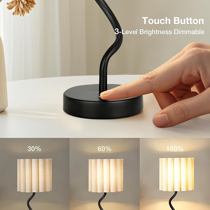 Cordless Scalloped Table lamp, Modern Black Lamp for Bedside Restaurant Dining Table, 5200-mAh Rechargeable Battery, 3-Level Brightness Dimmable, Build-in Integrated LED 320 Lumen Max