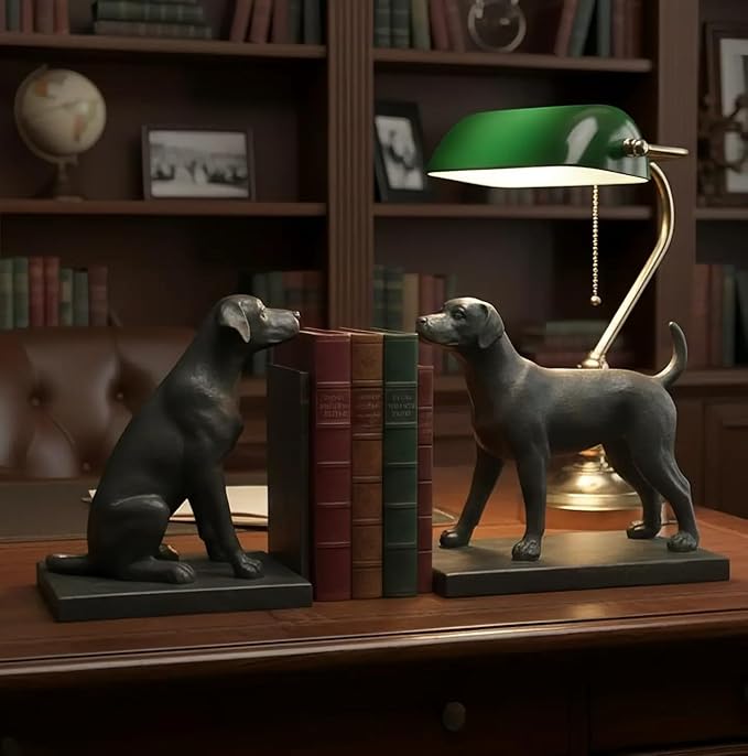 Comfy Hour Dog Bookends, Black Resin Decorative Book Ends, Heavy Duty Book Holder for Shelves & Office, 9.1 Inch, Home Decor, 1 Pair