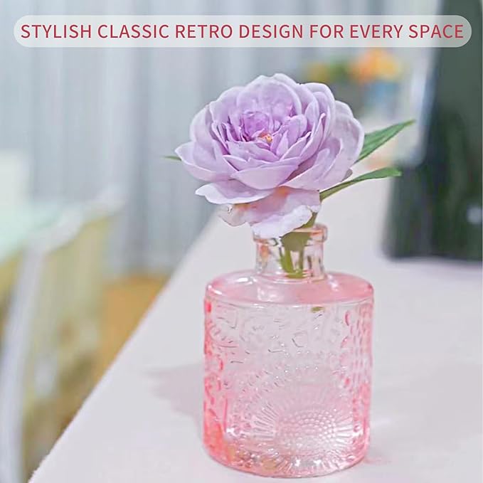 KUAGUINZUHE 12 Pcs Glass Bud Vase Set, Small Pink Vintage Flower Vases for Wedding Centerpieces in Bulk, Mini Embossed Vases for Home Table Decor, Party, Baby Shower Decorations