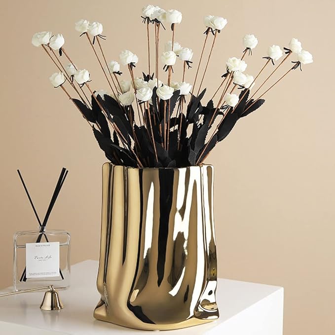 Gold Flower Vase, Paper Bag Ceramic Vase, Modern Metallic Luster Gold Vase Home Decor for Table Centerpieces, Living Room, Shelf Decor, Mantel (Gold-Large)