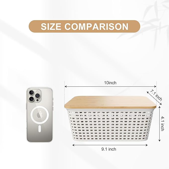 Plastic Storage Bins with Bamboo Lid - Stackable Pantry Storage Organizer with Lid - Storage Basket with Lable for Organizing: Small Storage Box for Shelves Cabinet Office Drawer Desktop 10x7x4in 6Pcs