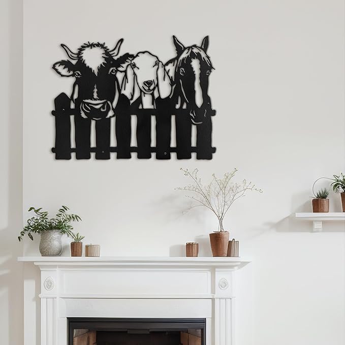 SIGNLEADER Metal Wall Art Decor Cows, Sheep, Horses by the fence Minimalist Modern Abstract Wall Sculpture Hangings Home Decoration for Living Room, Bedroom, Bathroom, Kitchen, Outdoor - 18" Black
