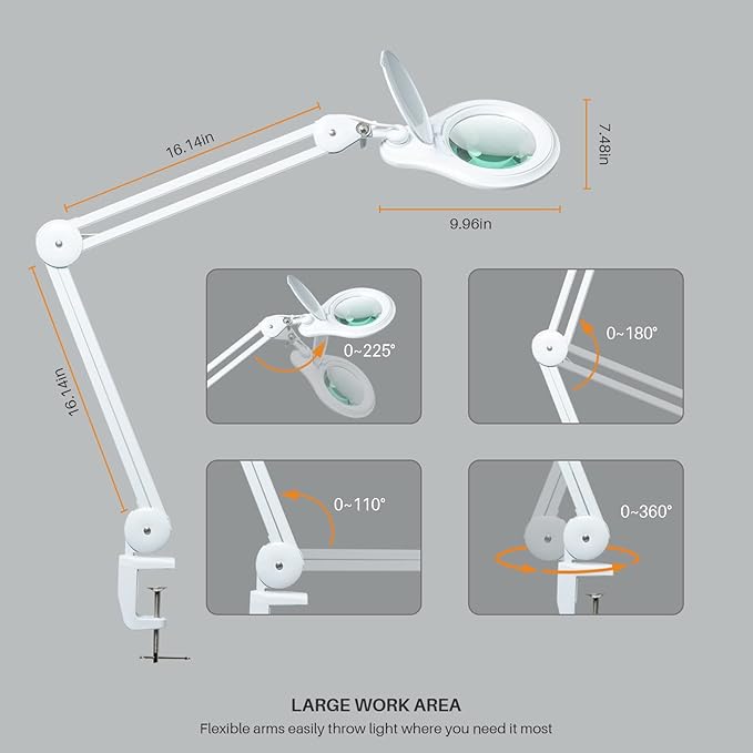 Bemelux LED Magnifying Lamp with Clamp, 5 Inch Magnifier Glass Lens, Metal Swing Arm Dimming 1200 Lumens Lighted Magnifying Desk Lamp for Crafts, Bright 60PCS LEDs - 2.25X Magnification(White)