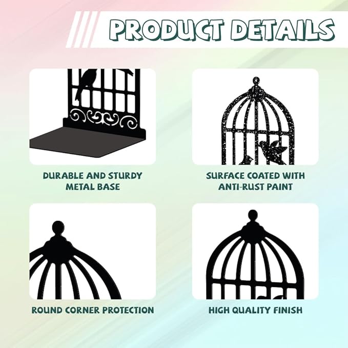 Peacoblue Metal Bookends for Shelves, Modern Decorative Heavy Duty Study Book Support Stoppers for Office, Desk, Shelf, Room 5.3"x4.3"x7.9" Cast Iron Simple Tall Bookends, 1 Pair (Birdcage and Bird)