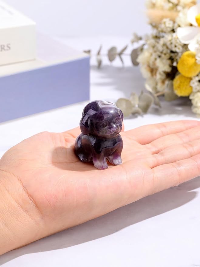 Jovivi Natural Amethyst Crystal Sitting Dog Statue Home Decor 1.6" Carved Gemstone Puppy Dog Figurines Pocket Sculpture Reiki Healing Stones Decorative Ornament Gift