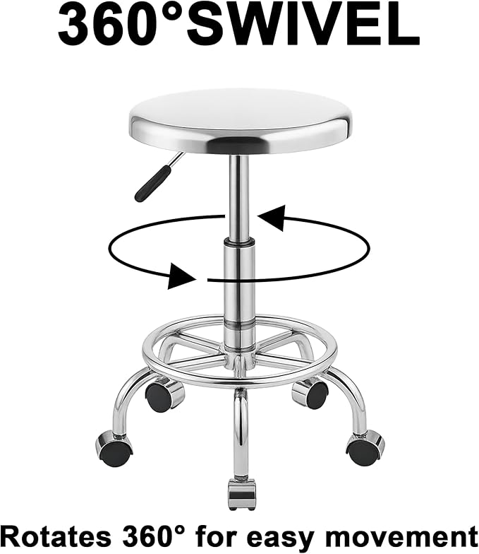 Heavy Duty Stainless Steel Stool for Work Bench, Adjustable Swivel Stool with 5 Wheels, 304 Stainless Steel Structure, Round Cushion, Load-Bearing 450 Ib