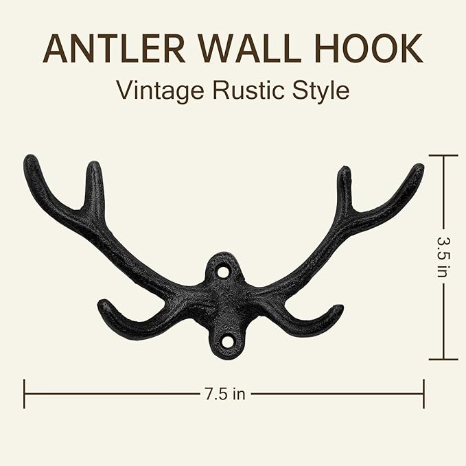 2 Pack Cast Iron Antler Hooks – Rustic Black Wall Hooks for Coats, Keys & Towels, Heavy-Duty Deer Antler Design for Home Décor