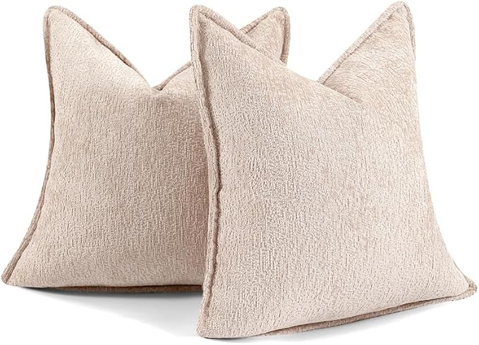 DEZENE Pack of 2 Tan Decorative Throw Pillow Covers 20x20 Cozy Soft Chenille Accent Vintage Square Couch Pillow Covers for Home Decor Bed Sofa Living Room