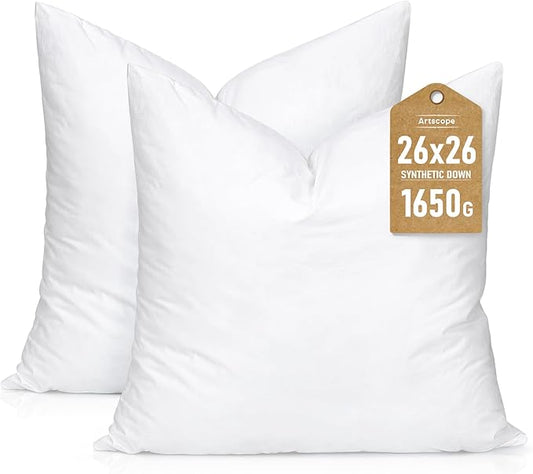 Artscope Synthetic Down Pillow Insert,26x26 Down Alternative Throw Pillow Insert. Ultra Soft Fluffy Sleeping Pillow with 100% Cotton Cover, Decorative Pillows Set of 2-White.