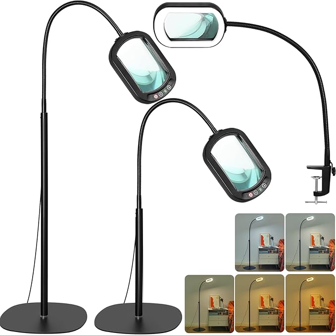 Drdefi 10X Rectangular Real Glass Magnifying Glass with Light and Stand, 24" Flexible Gooseneck Floor Lamp, 5 Color Modes Stepless Dimmable, 3-in-1 LED Lighted Magnifier Light Hands Free for Reading