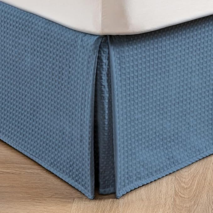 MIYE Pleated Waffle Weave Bed Skirt, Tailored Dust Ruffle 16 Inch Drop Easy Fit, Machine Washable (Blue, Full - 16" Drop)