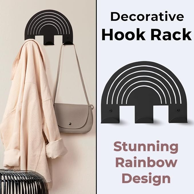 Rainbow Black Wall Hooks – Heavy-Duty Metal Hooks for Hanging | Stylish & Decorative Coat Hook for Backpacks, Towels & Bags | Durable, Minimalist Wall Organizer for Kids' Room & Playroom