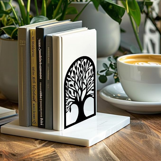 Peacoblue Metal Bookends for Shelves, Modern Decorative Heavy Duty Study Book Support Stoppers for Office, Desk, Shelf, Room 5.3"x3.5"x7.8" Cast Iron Simple Tall Bookends, 1 Pair (Tree of Life)