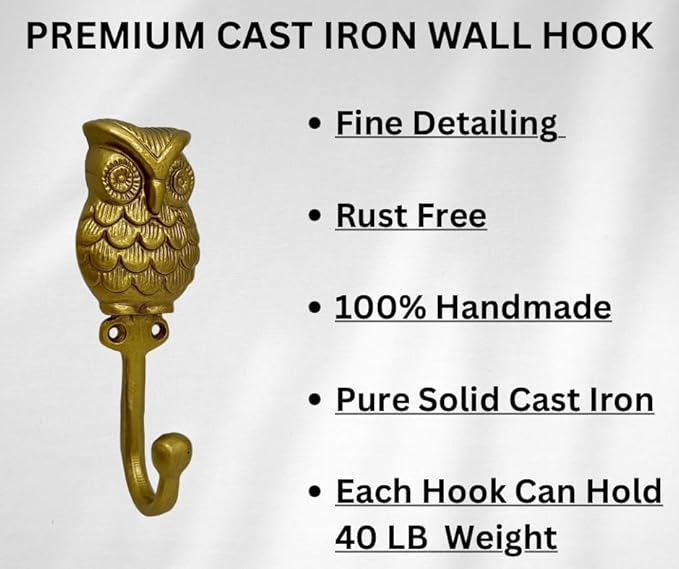 Set of 3 Cast Iron OWL Shape Coat Hooks Wall Art Decor-OWL Shape Hangers and Key Holder-Clothes Rack and Backpack Hanger-Coat Hooks Home Decor for Storage,Living Room (Gold)