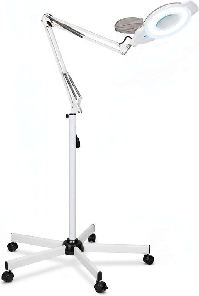 Professional Magnifying Lamp with UV Light, 5X Optical Glass Lens, Adjustable LED Brightness, 360° Swivel Wheels, Extendable Arm, Ideal for Detail Work by Tattoo Artists, Lash Extension Experts