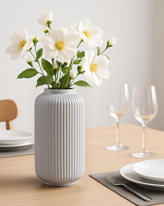 Matte White Ceramic Flower Vase, 8 Inch Ribbed Vase for Pampas Grass, Fresh or Dried Flowers, Decorative Centerpiece for Living Room, Kitchen, Bookshelf, Office Decor