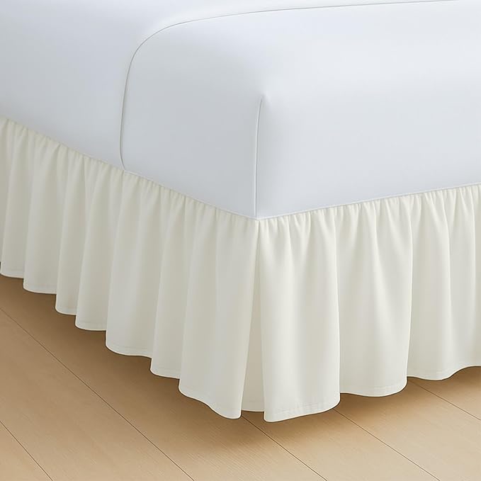 Rajlinen Ruffled Bed Skirt King, 8 Inch Drop Dust Ruffle with Split Corners, 100% Microfiber Bedskirt with Platform, Three-Sided Coverage Ruffled Gathering Design, Ivory