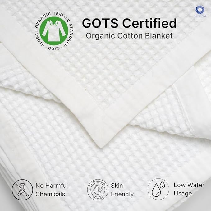 9Threads GOTS Certified Organic Cotton Waffle Weave Blanket, Queen Bed Size, 90"X90"Cozy Throw Blanket for Couch, Modern Home Decor, Throw Blankets, Comfy Waffle Blanket & Soft Bed Blankets -White