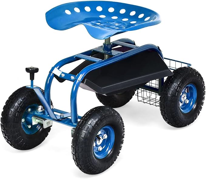Goplus Garden Seat with Wheels, Rolling Garden Cart with 360 Degree Swivel Seat for Planting, Gardening Stool w/Tool Tray, Basket, Gardening Chair Workseat, Patio Wagon Scooter for Seniors