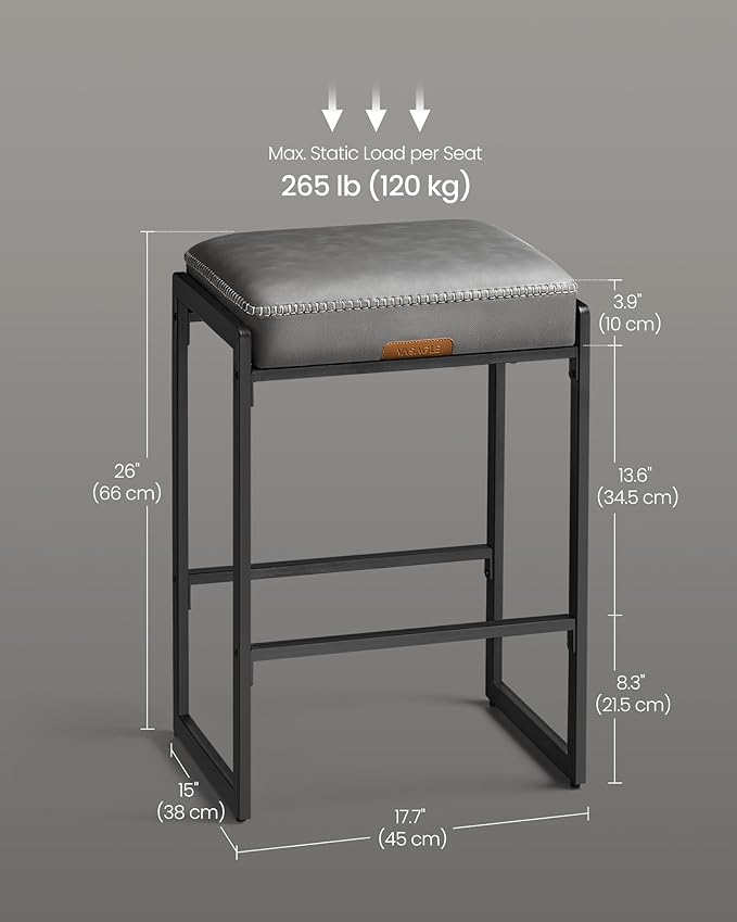 VASAGLE EKHO Collection - Bar Stools Set of 2, Counter Height Bar Stools, Synthetic Leather with Stitching, Mid-Century Modern Counter Stools, 26-Inch Tall, Kichen Home Bar Dining Room, Dove Gray