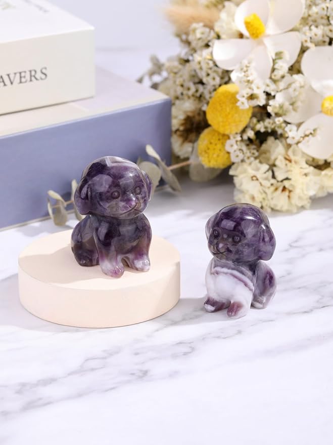 Jovivi Natural Amethyst Crystal Sitting Dog Statue Home Decor 1.6" Carved Gemstone Puppy Dog Figurines Pocket Sculpture Reiki Healing Stones Decorative Ornament Gift