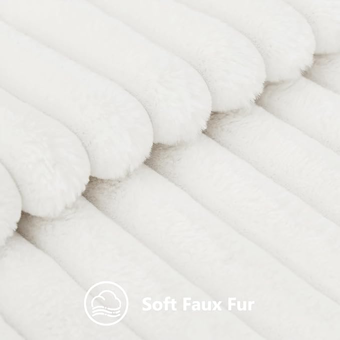 decorUhome Faux Fur Spring Throw Pillow Covers 20x20 Set of 2, Decorative Soft Plush Striped Neutral Couch Pillow Covers with Velvet Back for Sofa, Bed, Living Room Home, White