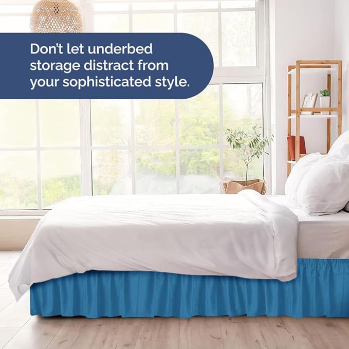 Wrap Around Dust Ruffle Bed Skirt - Denim Blue - for Full Size Beds with 18 Inch Drop - Elastic Strap - Adjustable Pleated Bedskirt with Brushed Fabric and Wrinkle Free - for Women, Men, Kids & Teens