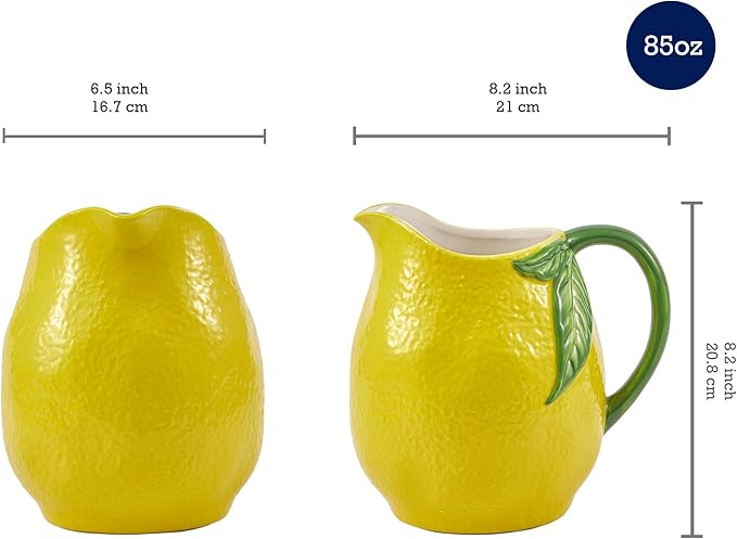 Bico Lemon Shape Cute Handpainted Stoneware Pitcher, Microwave & Dishwasher Safe, Jug for Water, Drinks, Mocktails