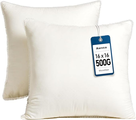 Awvco 16 x 16 Throw Pillow Inserts - Soft and Plush, Virgin Fiber Filling, Decorative Pillows for Couch Sofa Bed, Machine Washable - White, Pack of 2