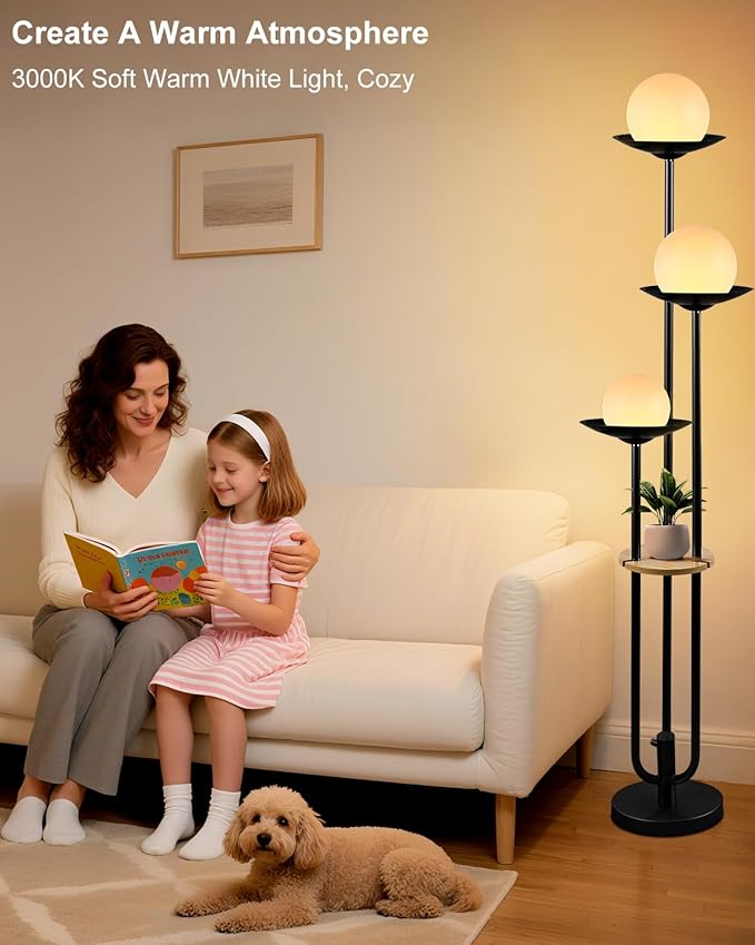 ACOHOOK 63IN Globe Floor Lamp with Table, 3-Lights Modern Dimmable Floor Lamps with 3000K Soft Warm White Bulbs for Wedding/Party, Black Tall Standing Lamp for Living Room/Bedroom