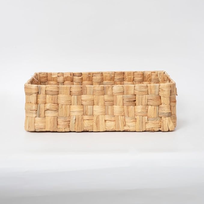 YAHUAN Water Hyacinth Storage Basket Handwoven Wicker Shelf Basket, Shallow Basket Tray Organizer with Handles for Home, Closet & Kitchen (Original)