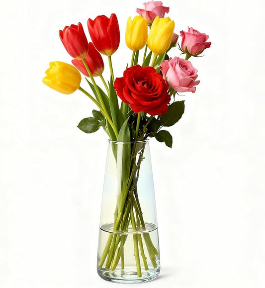Clear Glass Vase for Home Decor, Modern Home Decor for Long-Stem Flowers, Table Centerpiece for Living Room, Dining Table & Bedroom,Iridescent (8.7 Inch)