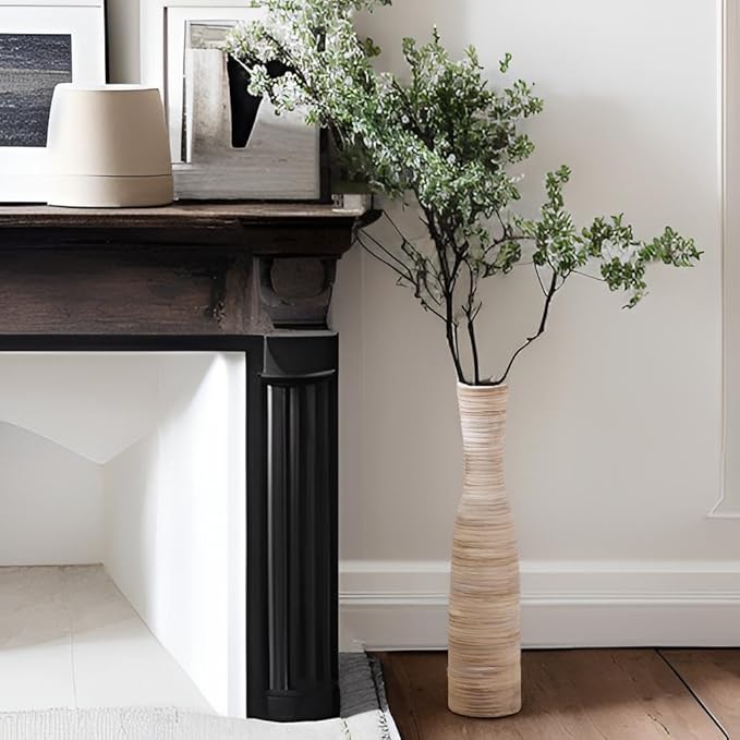 ALMA 16" Tall Floor Vase for Pampas Grass,White Brown Ceramic Centerpiece for Dresser, Skinny Pampas Grass Vessel for Floor, Entryway Table, Fireplace Decor