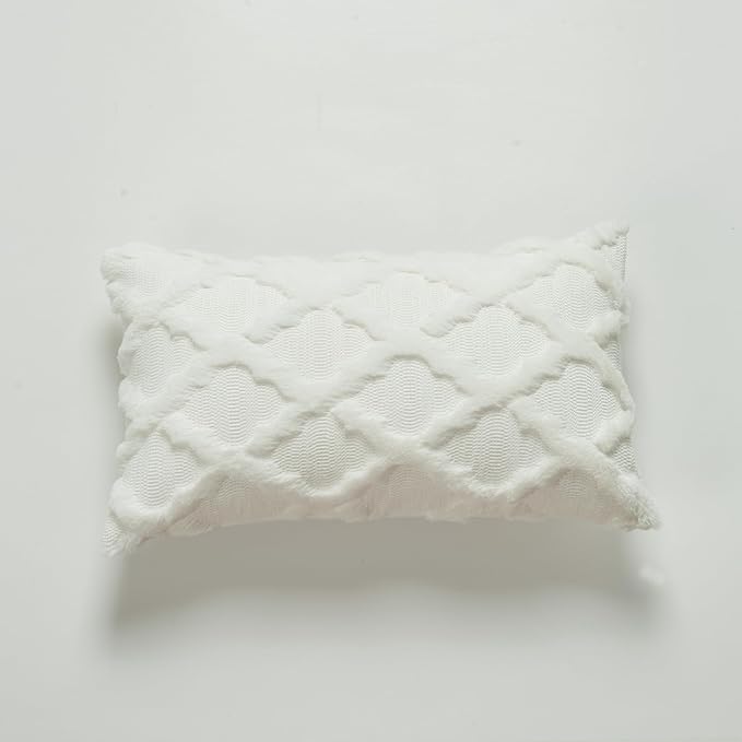 EMMTEEY Boho 12X20 Pillow Covers Set of 2 - Fluffy Stripe Single-Sided Embroidery with Soft Faux Fur, Boho Décor Pillow Case for Couch, Sofa Bedroom, White
