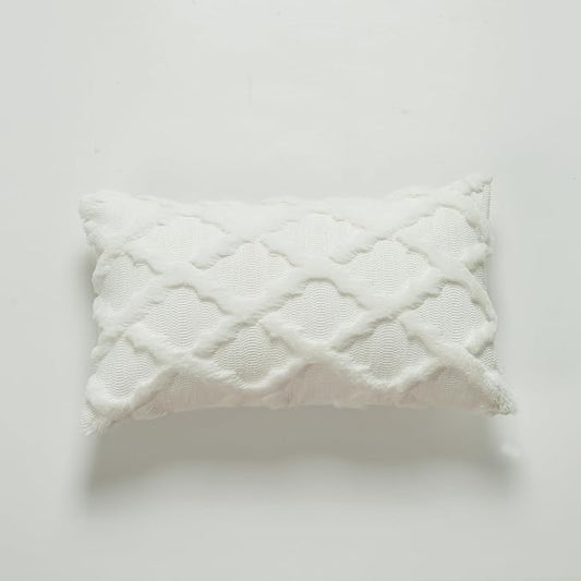 EMMTEEY Boho 12X20 Pillow Covers Set of 2 - Fluffy Stripe Single-Sided Embroidery with Soft Faux Fur, Boho Décor Pillow Case for Couch, Sofa Bedroom, White