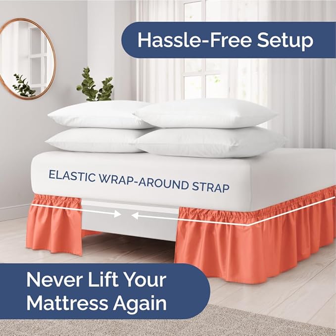 Wrap Around Dust Ruffle Bed Skirt - Coral - for Full Size Beds with 18 Inch Drop - Easy Fit Elastic Strap - Adjustable Pleated Bedskirt w/Brushed Fabric - Wrinkle Free - for Women, Men, Kids & Teens