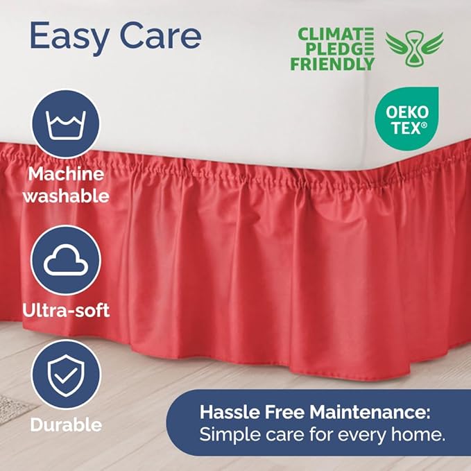 Wrap Around Dust Ruffle Bed Skirt - Red - for Queen Size Beds with 18 Inch Drop - Easy Fit Elastic Strap - Adjustable Pleated Bedskirt w/Brushed Fabric - Wrinkle Free - for Women, Men, Kids & Teens