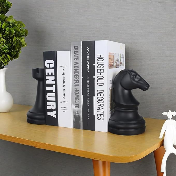 Chess Bookends Novelty Book Holders, Decorative Book Ends Modern Bookends Stoppers for Shelves, Black Heavy Duty Book Ends for Shelves Office Desk Decoration, Resin, 7" x 7"