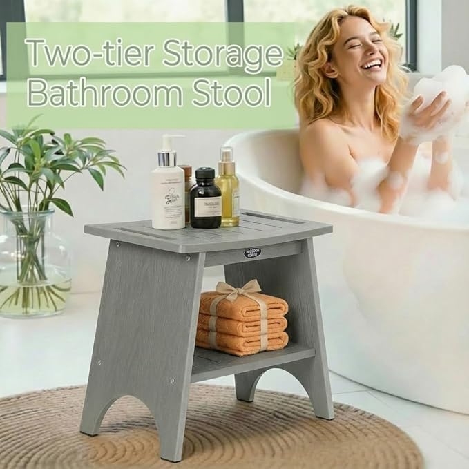 Shower Benches for Inside Shower, Shower Stool for Shaving Legs, 500lbs Shower Chair with Space-Efficient Storage Shelf, Waterproof Shower Seat for Spa Bathroom, Indoor or Outdoor Use(Grey)