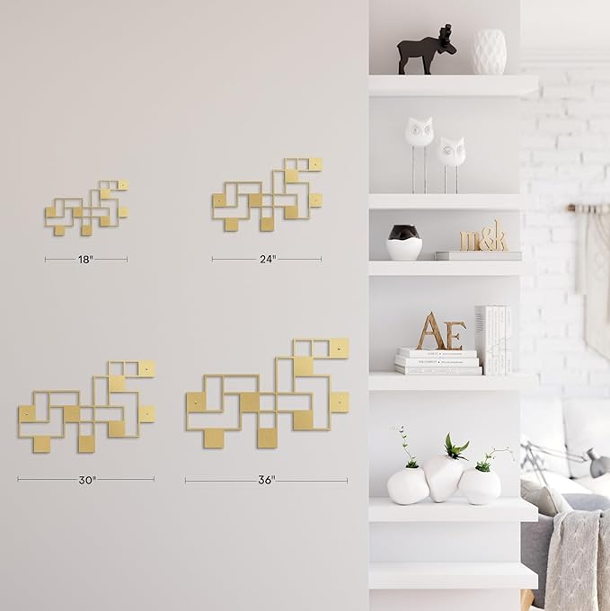 SIGNLEADER Metal Wall Decor Grids Geometric Minimalist Modern Luxury Wall Sculpture Hangings 3D Statue Home Decoration for Living Room, Bedroom, Bathroom, Kitchen, Fireplace, Office - 18" Gold