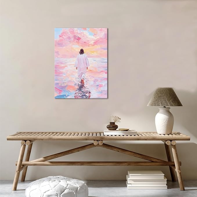 Pink Jesus Walking On Water Wall Art Religious Christian Oil Painting Canvas Wall Decor Religious Savior Poster Aesthetic Pictures for Living Prayer Room Church Bedroom 16x24 in Framed