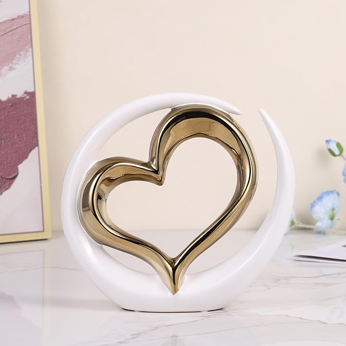 White Gold Ceramic Heart Statues Decor, Abstract Home Sculptures for Bedroom Decor, Wedding Decor, Decoraciones para Salas De Casa, Valentine Decor, Gifts for Women (E-White Gold)