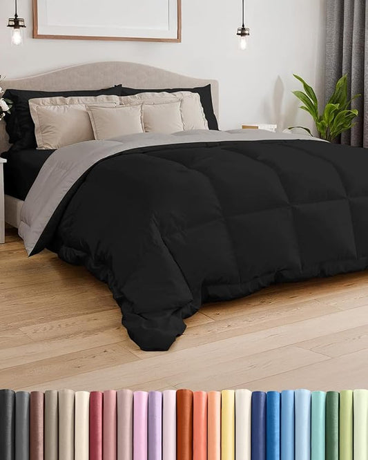 Cal King Size, Black & Light Grey Reversible Alternative Down Comforter - Warm Lightweight Breathable Hotel Quality Bedding Set - All Season Fluffy Oversized Cooling Microfiber Duvet Insert Comforter