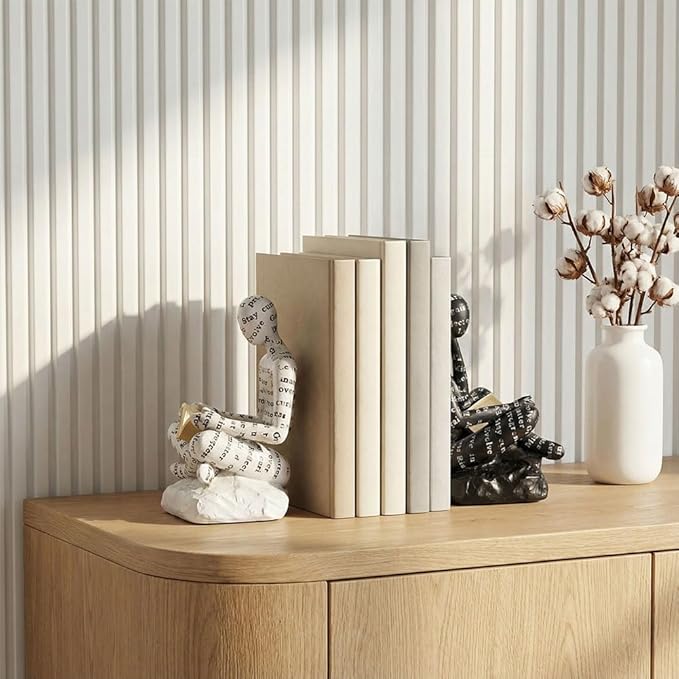 Book Ends for Heavy Books Set of 2, Modern Abstract Thinker Book Ends for Shelves and Desk - Resin with Non-Slip Pads, Bookends for Shelves, Modern Black White Office Decor Bookends