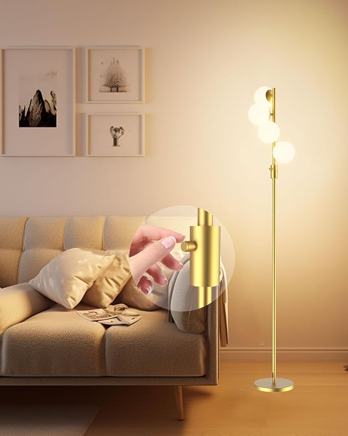 Lightdot 64IN Dimmable (Brightness Adjustable) Globe Floor Lamp, Modern Gold Standing Lamps with 4PCS 3000K G9 Bulbs Soft Warm White Eye Care, Mid Century Floor Lamp for Living Room Bedroom